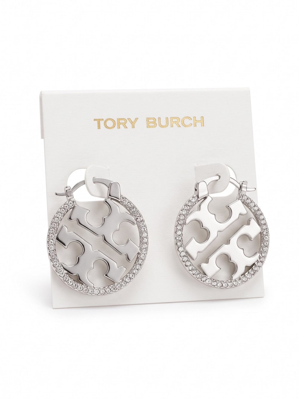 Tory Burch Silver Crystal Logo Earrings